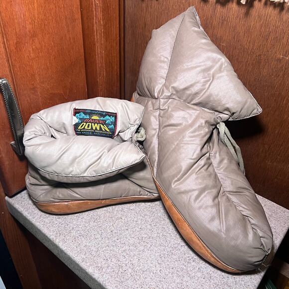 Vintage Eddie Bauer Down Booties XL 60s Sunrise Tag Goose Slippers Khaki Tan USA - Picture 1 of 8